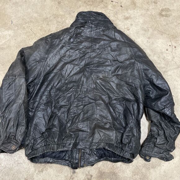 Vintage 90s 1871 Black Genuine Leather Bomber Flight Zip Jacket Mens Large - Picture 10 of 13